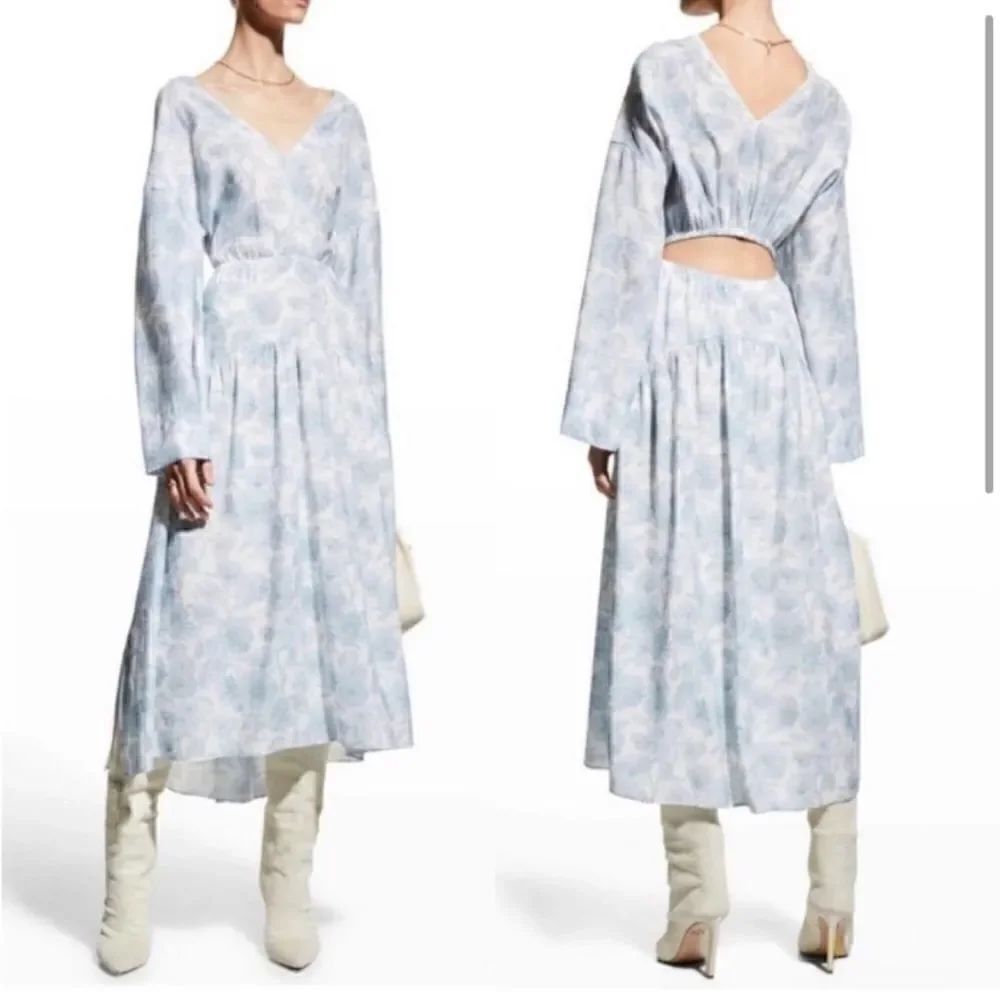 Vince Dahlia Blue White Floral Print Long Sleeve V-Neck Midi Dress M $425 - Picture 4 of 6